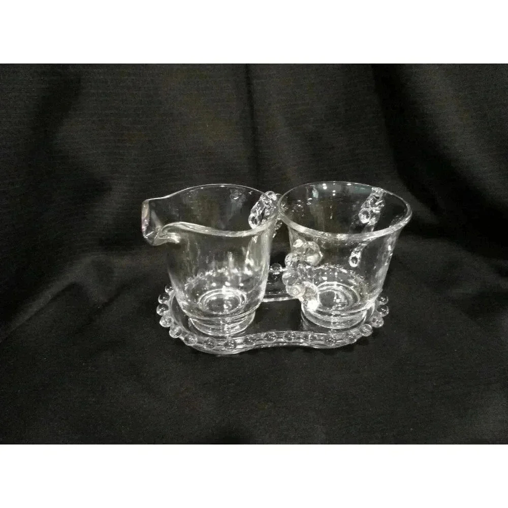 Sugar/Cream with Tray Vntg Imperial Glass Candlewick ‎ kitchenware knobby clear